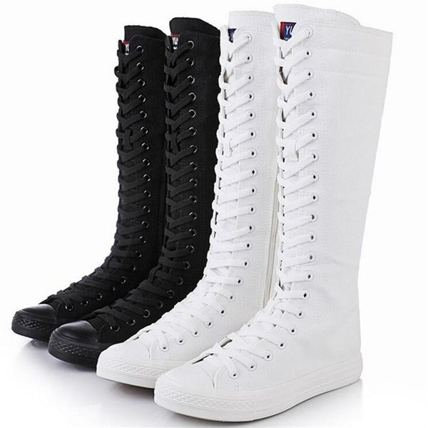 

women canvas boots shoes cross tied over the knee boots new solid color thigh high female casual shoes long size 43, Black