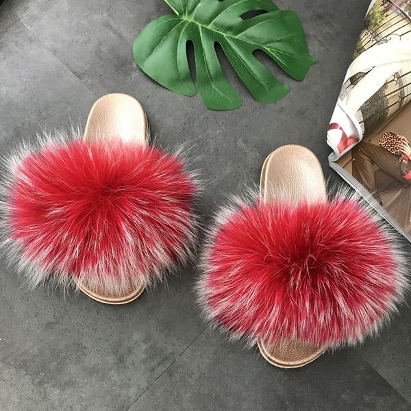 

women furry fur slippers woman's winter plush fluffy slides ladies lovely real raccoon fair slippers flat home shoes flip flops, Black