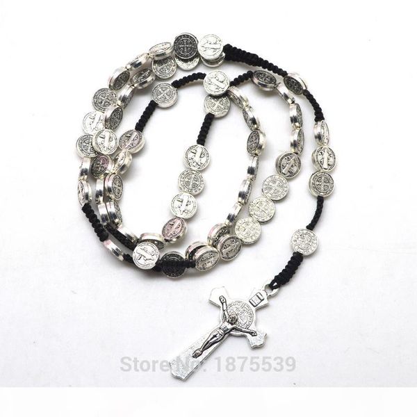 

fashion st benedict rosary necklace black rope alloy beads woven rosaries, Silver