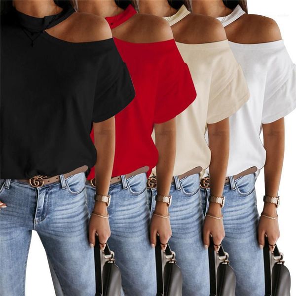 

shoulder o neck solid color loose tees women short sleeve casual women summer tshirt fashion slopping, White