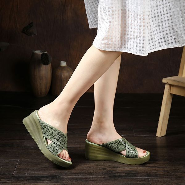 

yourseason summer women wedges slippers genuine leather 2020 new handmade concise platform women slides shoes, Black