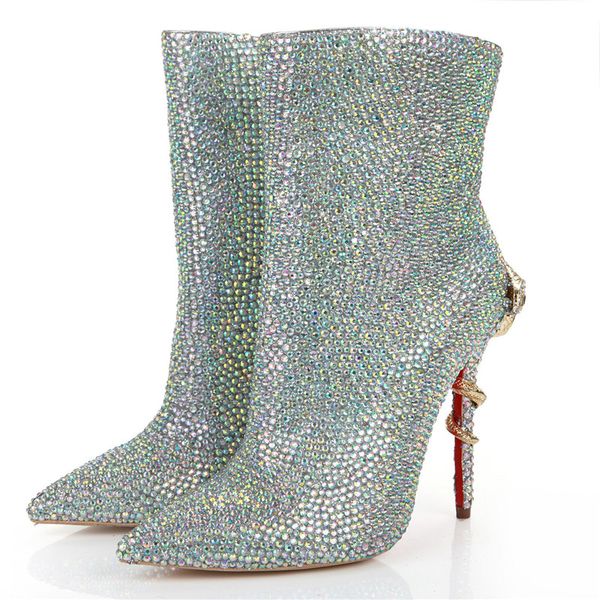 

girl's high-end fashion pointed fashion leather short boots boots women elegant high-heeled shoes during drilling, Black
