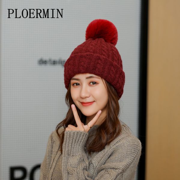 

beanie/skull caps ploermin 2021 female winter warm fashion beanies handmade thick stick knitted hat pompoms women lovely, Blue;gray