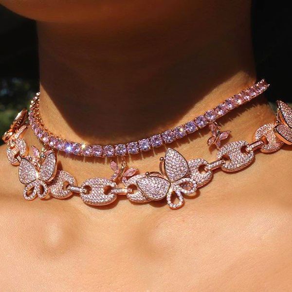 

chokers iced out cz coffee bean link butterfly necklace hip hop fashion punk choker rose gold pink bubble chain bling women jewelry, Golden;silver