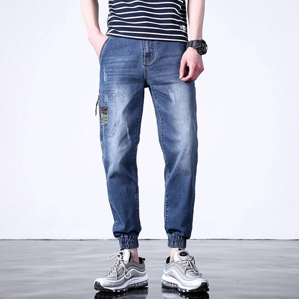 

man jeans brand 2020 spring summer elastic loose denim jeans fashion casual trousers ankle-length pants, Blue