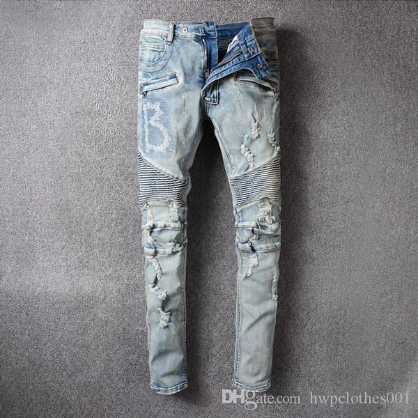 

2020 men designer jeans slim fit motorcycle biker denim for men fashion designer hip hop men black jeans good quality designer pants, Blue
