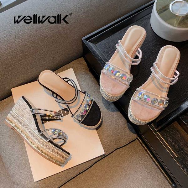 

strip wedge slippers women high heel shoes crystal strap slides rhinestone edge summer slipper ladies fashion sexyespadrilles, Black