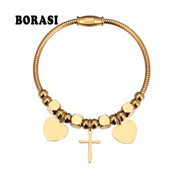 

borasi vintage charms heart cross bracelets for women new steel bead stainless steel snake chain bracelets & bangles pulseras, Golden;silver