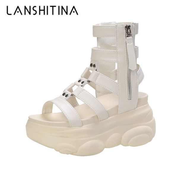 

2020 new fashion leather hollow out gladiator platform sandals women wedge high heels summer shoes woman punk chunky sandalias, Black