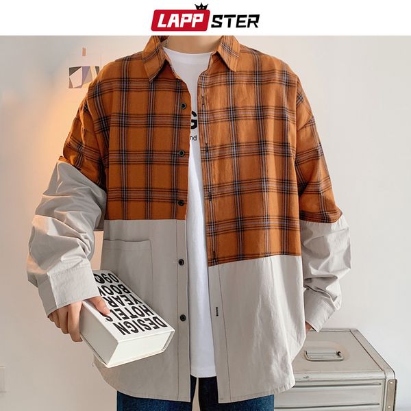 

men's casual shirts lappster men plaid patchwork long sleeve shirt 2021 korean fashions harajuku cltohes mens vintage button up plus si, White;black