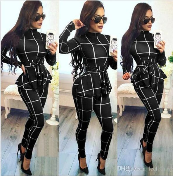 

мода пояса плед печати комбинезоны повседневная crew neck с длинным рукавом длинные брюки женские одежда женская desinger комбинезоны, Black;white