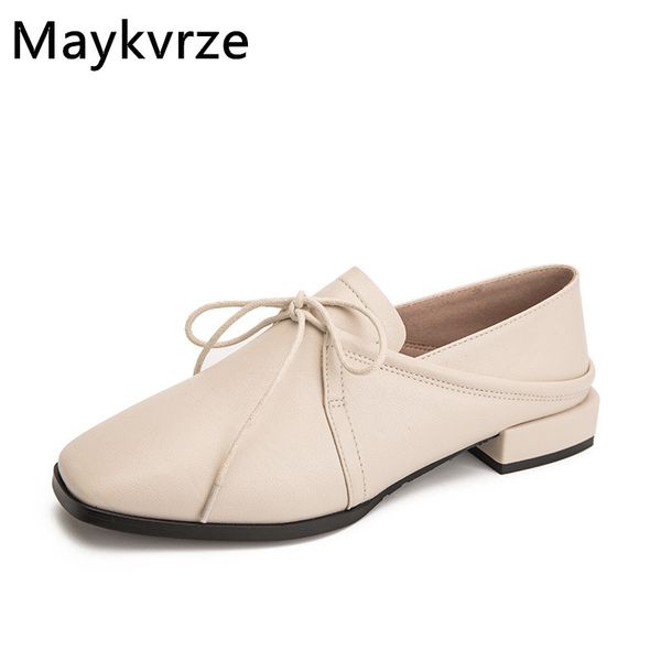 

british style leather women's shoes 2020 spring autumn new tide fashion square toe lace-up wild flats women casual shoes, Black