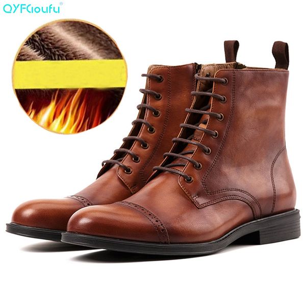 

qyfcioufu 2020 men genuine cow leather martins boots high fashion winter warm snow shoes motorcycle ankle boots, Black