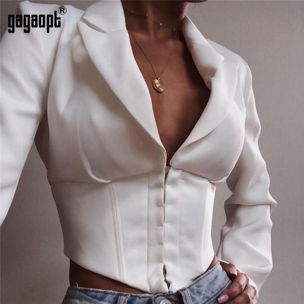 

gagaopt long sleeve crop women turn down collar ladies white bodycon blusas