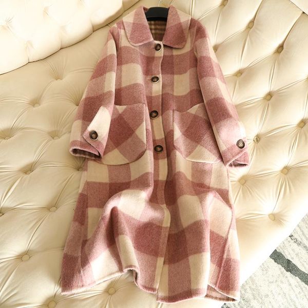 

women's wool & blends long plaid women coat 100% cashmere for casaco feminino turn-down collar single breasted wide-waisted regular, Black