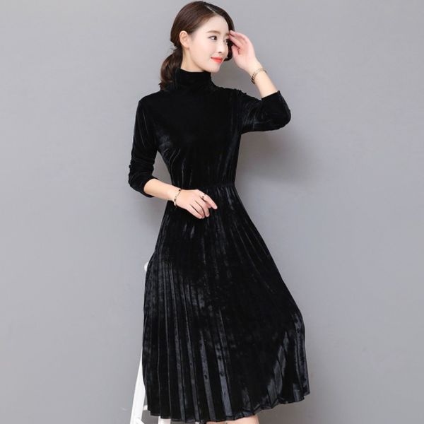

5xl women green black velvet dress winter turtleneck dress long sleeve vintage pleated dresses plus size women vestidos aq741, Black;gray