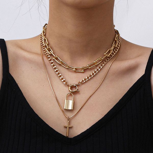 

punk multilayer thick chains lock cross pendant necklace women vintage geometric alloy chains necklaces pendants jewelry kolye, Silver