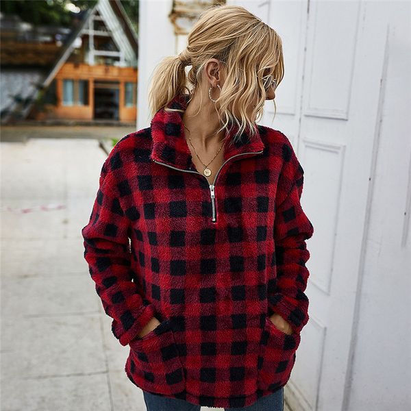 

autumn winter coat women 2020 plaid loose pockets zipper pullover long sleeve oversize casual female sweatshirt thick lady, Black