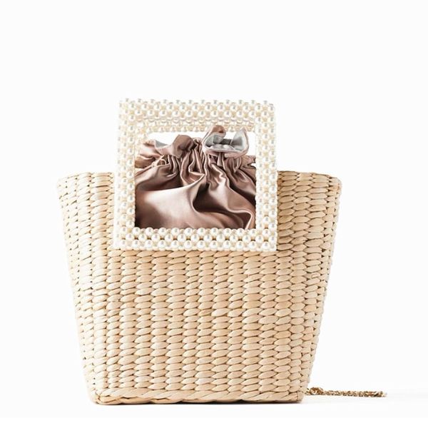 

caker brand 2020 women large big straw handbag+pearl beaded handel fashion beach bags wholesale