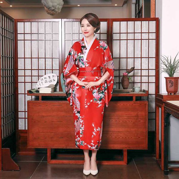 

red print flower kimono bathrobe gown women satin japanese tradition yukata kimono with obi vintage evening dresses cosplay