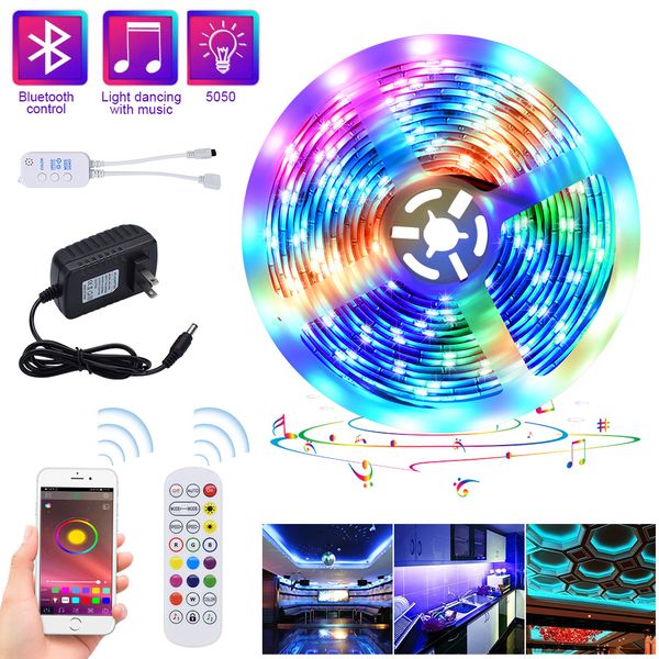 

us stock 5m led strip lights rgb tape light 150 leds smd5050 waterproof music sync color changing + bluetooth controller + 24key remote