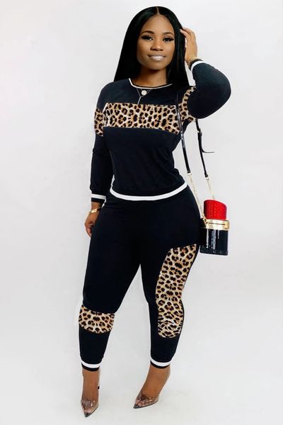 

leopard print splicing women two piece set long sleeve sweatshirt pants suit streetwear sporty tracksuit casual club outfits x0923, Gray