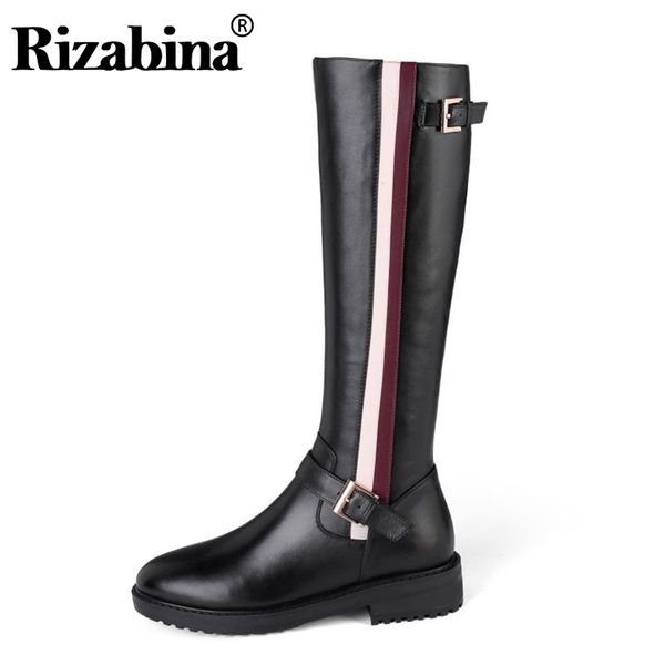 

boots rizabina knight women real leather knee high round toe zipper long winter warm footwear size 34-42, Black