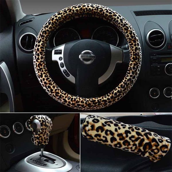 

steering wheel cover handbrake cover warm short soft plush gear shift collar covers sets leopard print car interior accessories