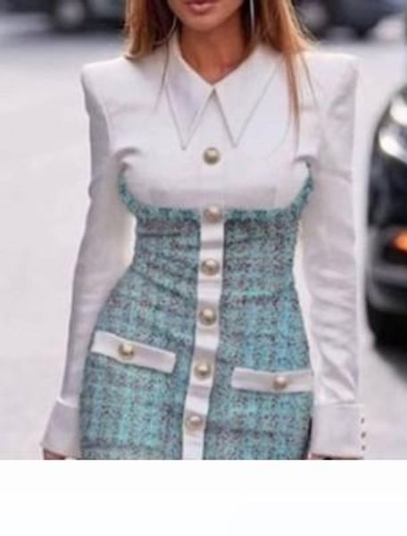 

2020 new design european fashion women's faux turn down collar shirt patched tweed woolen single breasted pencil bodycon dress, Black;gray