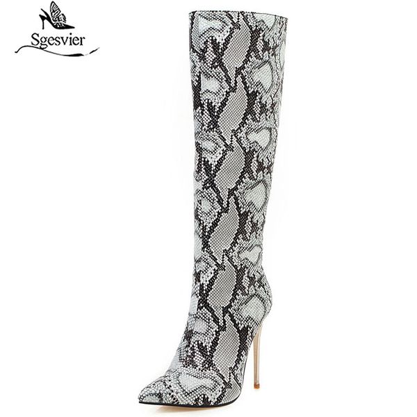 

sgesvier 2020 big size 48 women knee high boots snake pointed toe zip autumn winter boots thin high heels party prom shoes woman, Black