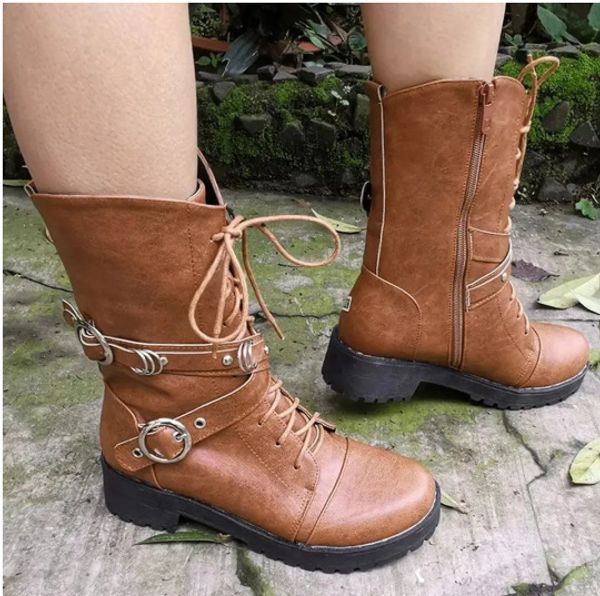 

new women boots fashion autumn pu mid-calf boots with back lace-up design solid color low heels shoes botas mujer 2020, Black