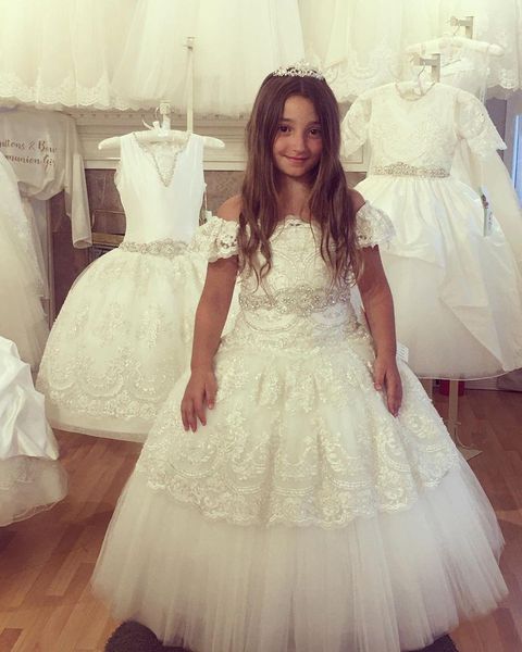 

luxurious lace crystals flower girl dresses ball gown beaded little girl pageant dresses wedding dresses communion gowns c194, White;blue