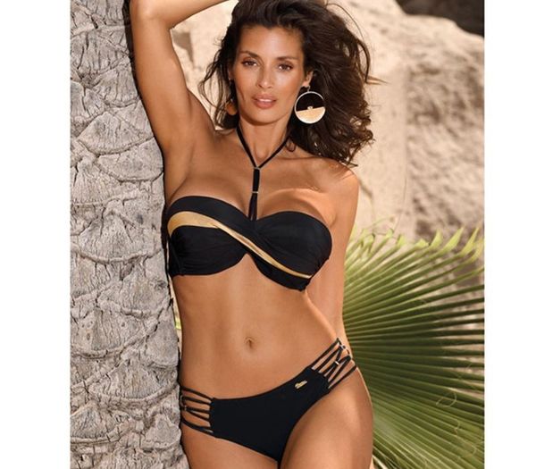 

2020 push up bikini set swimsuits ruched swimwear women solid bikinis bandeau biquini strap yellow beach wear summer xxl, White;black