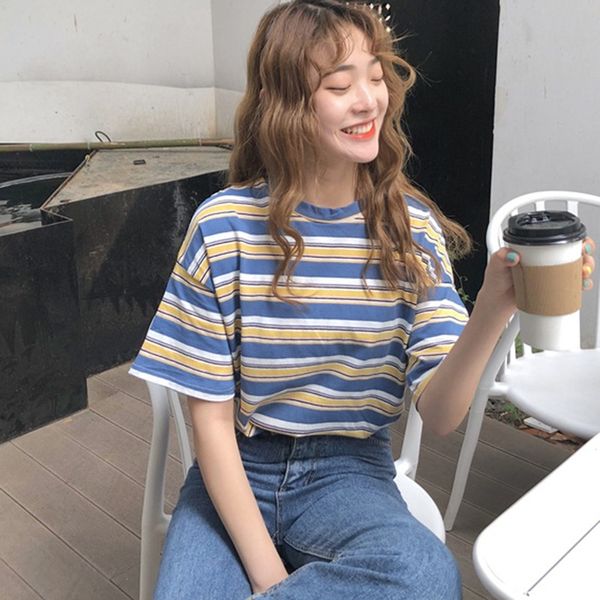

women's t-shirt korean o-neck t shirt women harajuku striped tshirt summer loose casual short sleeve punk t-shirts camiseta feminina, White