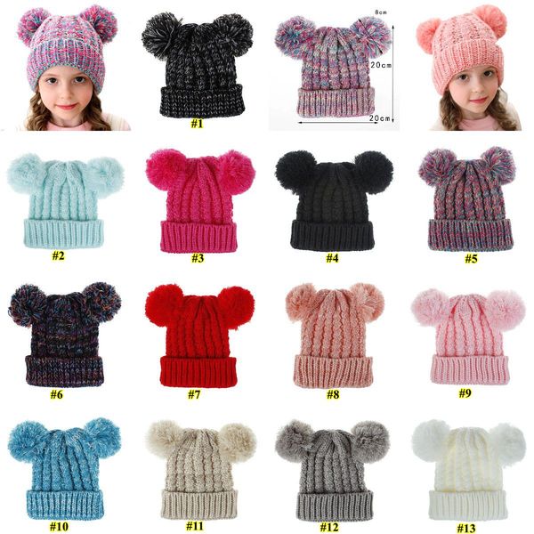 

kid knit crochet beanies hat girls soft double balls winter warm hat 13 colors outdoor baby pompom ski caps gh530, Yellow