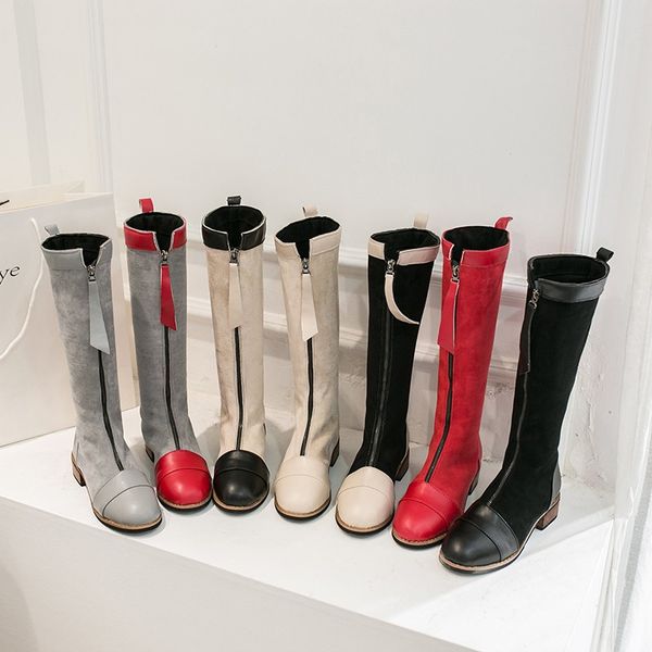 

fashion mid calf boots women 2020 autumn female combat boots gothic shoes women front zipper beige gray red, Black