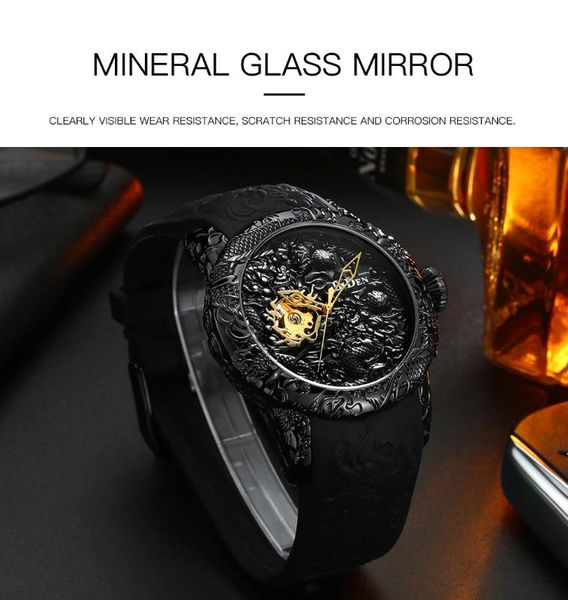 

gold dragon sculpture automatic mechanical watches men waterproof silicone strap quartz wristwatch clock relojes hombre, Slivery;brown
