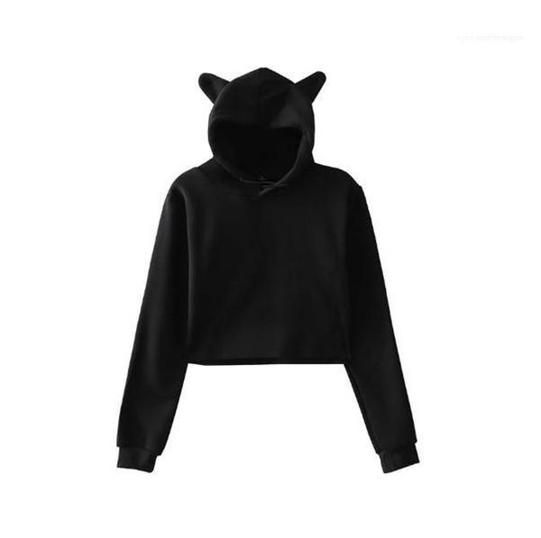 

cat ear crop толстовки женщины сплошной цвет с длинным рукавом руно с капюшоном фуфайки девочки весна пуловер cute, Black