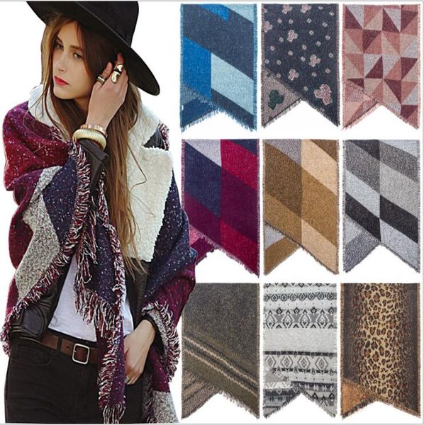 

plaid blankets scarf cashmere contrast winter scarves tassel square shawl grid fringed wraps tartan oversized check poncho pashmina b7617, Red;brown