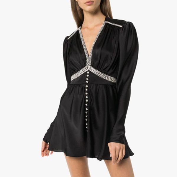 

2020 autumn new v neck long sleeve crystal beaded trim low-cut black dress luxury ladies party dress, Black;gray