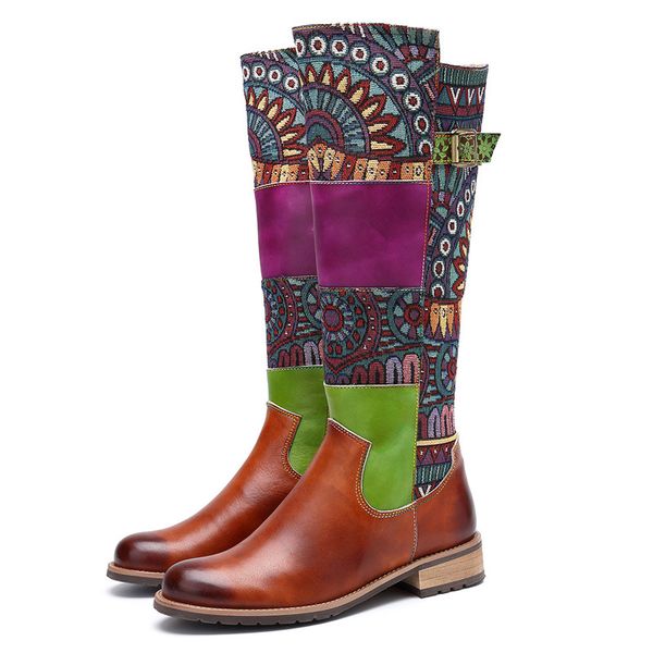 

retro braided woman boots printing rope embossing genuine leather splicing square 3cm high heels boots ladies 2020 shoes women, Black