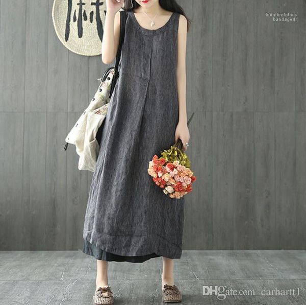 

casual literary style fashion apparel womens summer stripe linen dresses crew neck sleeveless relaxed midi female clothing, Black;gray
