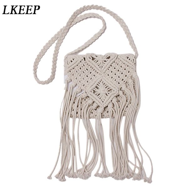 

shoulder bags fashion white handmade cotton rope hollow out woven bag tassel women's handbag straw ladies