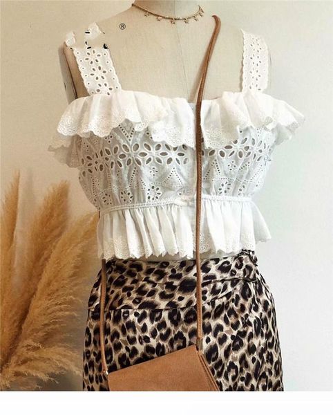

2020 ruffles cotton women camisole white women hollow out cropped fashion spaghetti strap camis