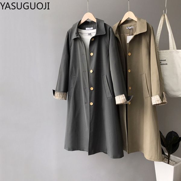 

yasuguoji 2020 spring new style simple light retro cuff contrast colors single breasted long trench coat 1598, Tan;black
