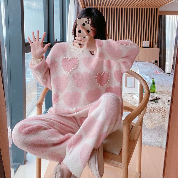 

Trendy Women Sleepwear Knitted Mink Sleepwear Soft Cotton Pajamas Long Sleeve Trousers Autumn Winter Pajamas Home Service Suit