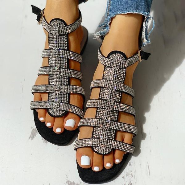 

sale women summer flat bling rome ladies sandals female sandals outdoor beach diamond flat shoes ladies sequins d30, Black