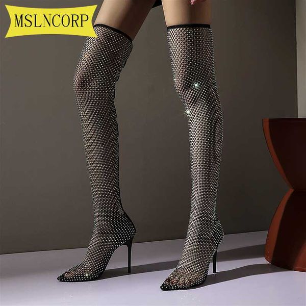 

plus size 34-46 bling crystal thigh high boots women pointed toe stiletto heel over the knee long boots lady banquet, Black