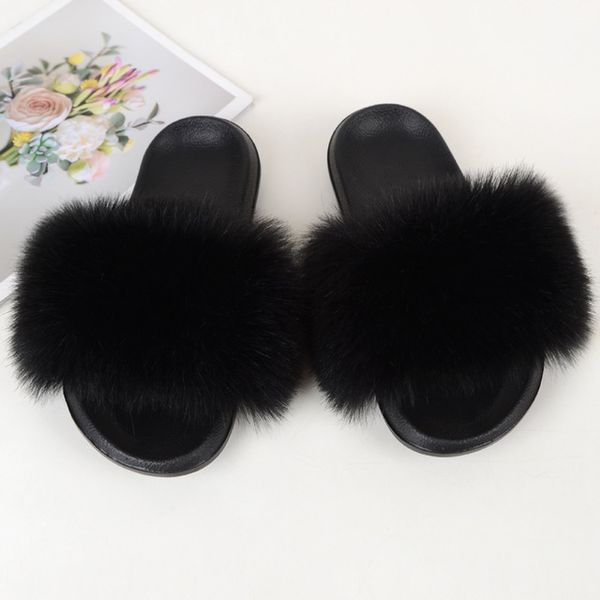 

2020 new women furry slippers ladies shoes cute plush hair fluffy sandals women's fur slippers summer casual flat, Black