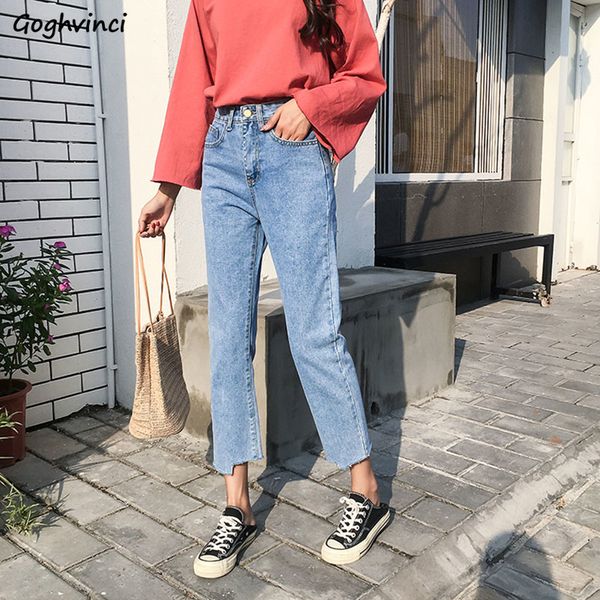 

jeans women zipper straight high waist harajuku korean style loose all-match student chic new womens trousers ankle-length solid, Blue